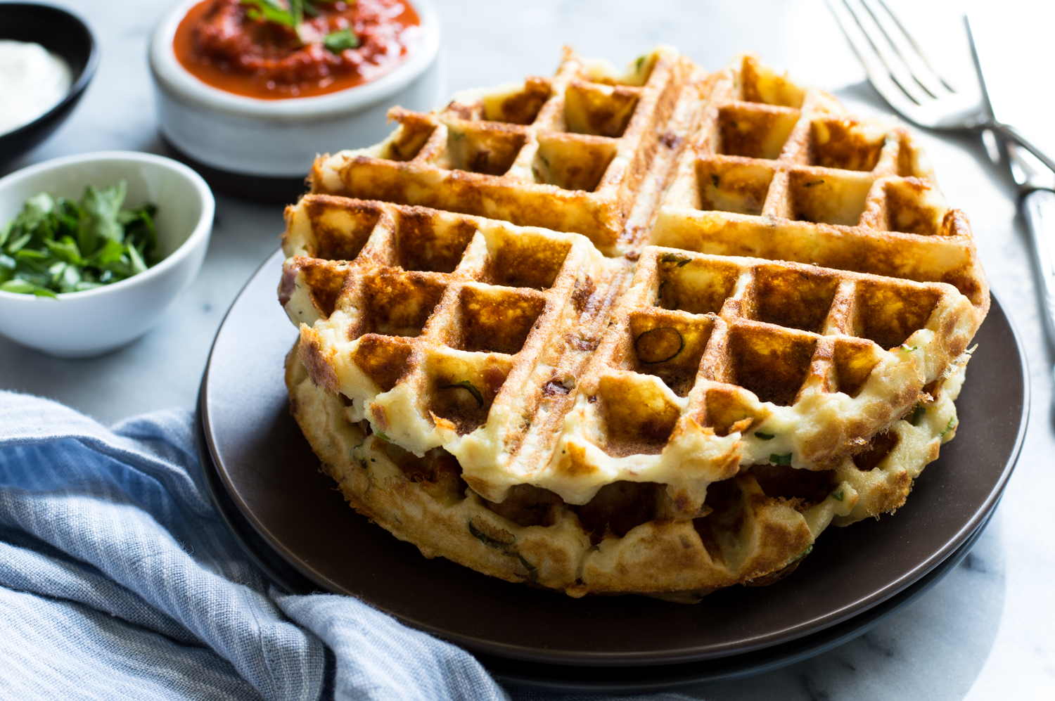 Ham & Cheddar Mashed Potato Waffles with Roasted Red Pepper Sauce